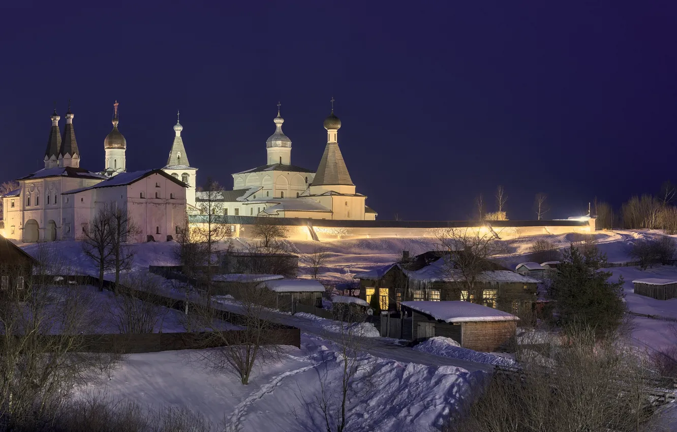 Photo wallpaper winter, road, snow, night, home, village, lighting, the monastery