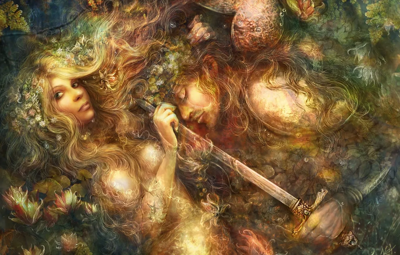 Photo wallpaper water, girl, flowers, sword, warrior, art, guy, Alena Klementeva