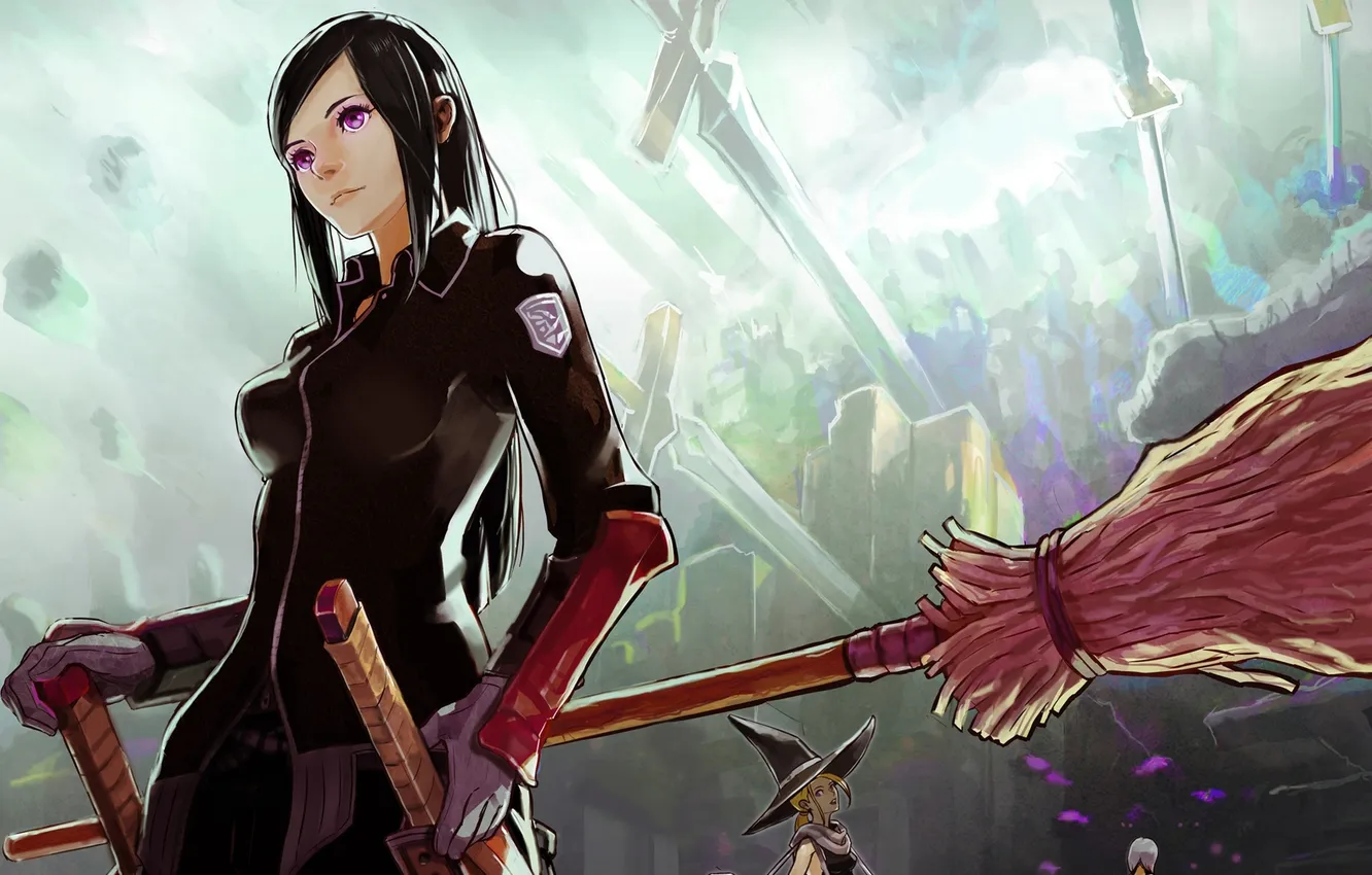 Photo wallpaper girl, weapons, katana, hat, anime, art, broom, okuto