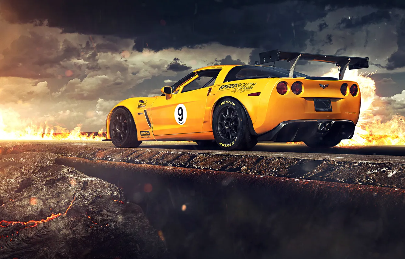 Photo wallpaper Corvette, Chevrolet, fire, rock, road, yellow, tuning, clouds