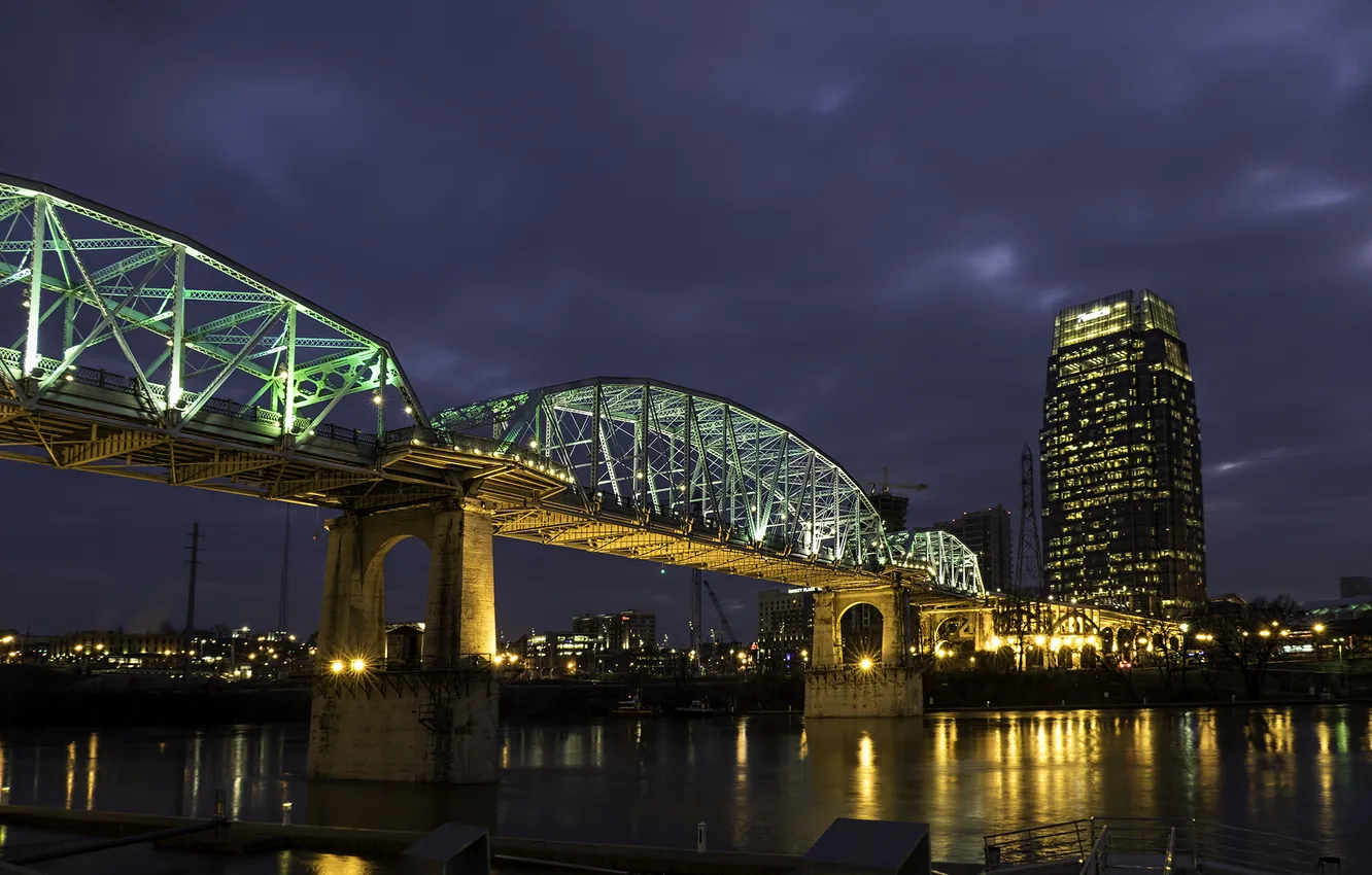 Photo wallpaper night, bridge, lights, river, home, lights, USA, Tennessee