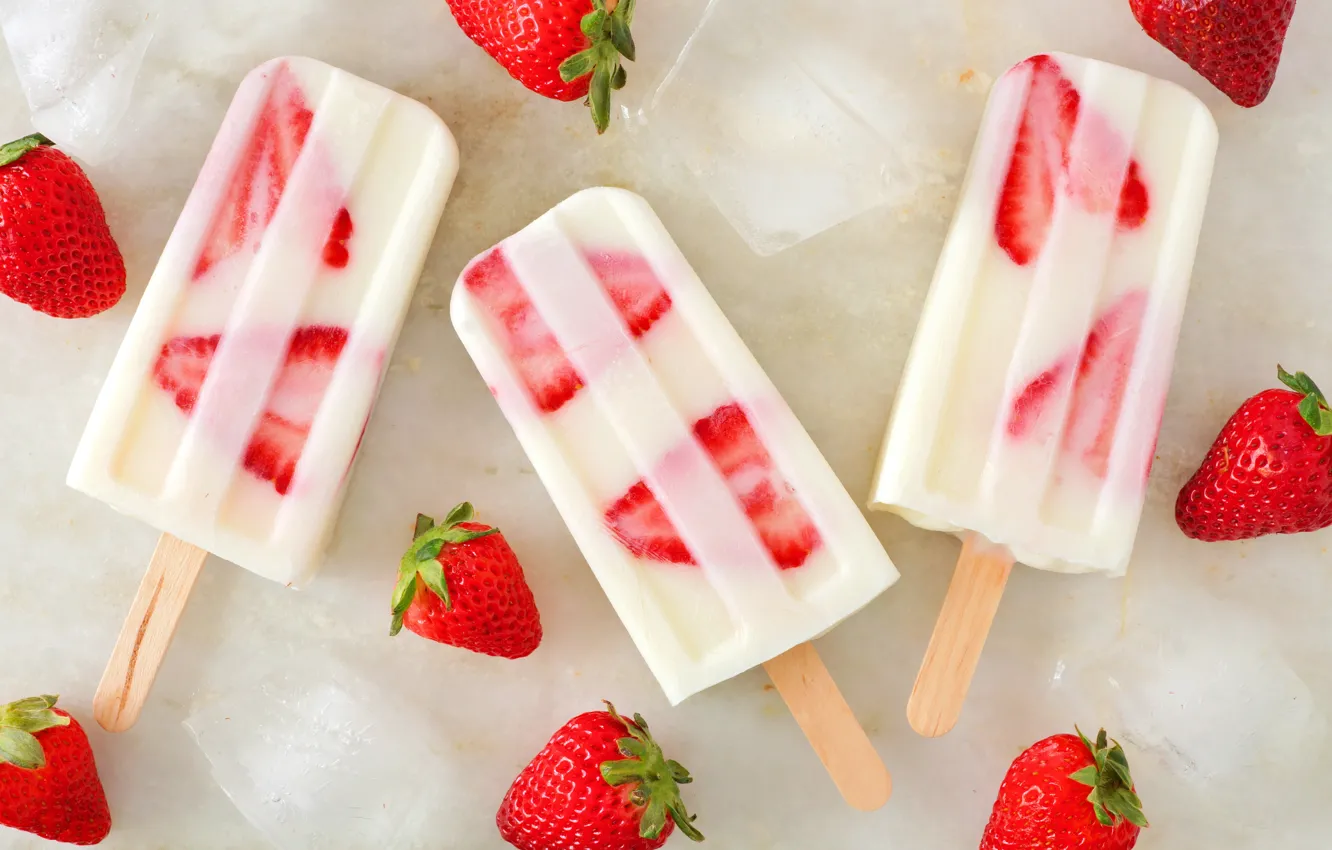 Photo wallpaper strawberry, ice cream, dessert, strawberry, ice cream, ice cubes