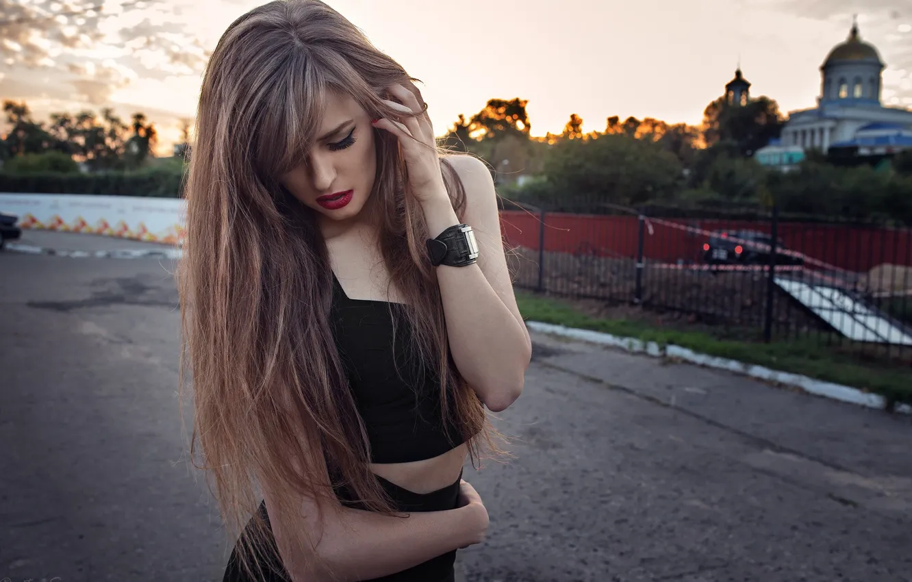 Photo wallpaper girl, landscape, pose, model, skirt, portrait, makeup, figure