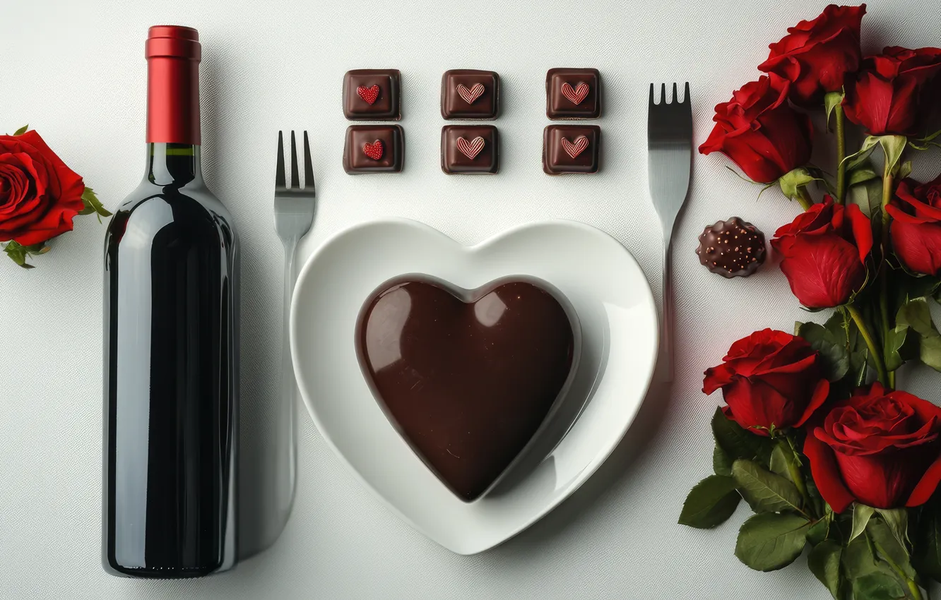 Photo wallpaper love, flowers, red, holiday, wine, heart, bottle, roses