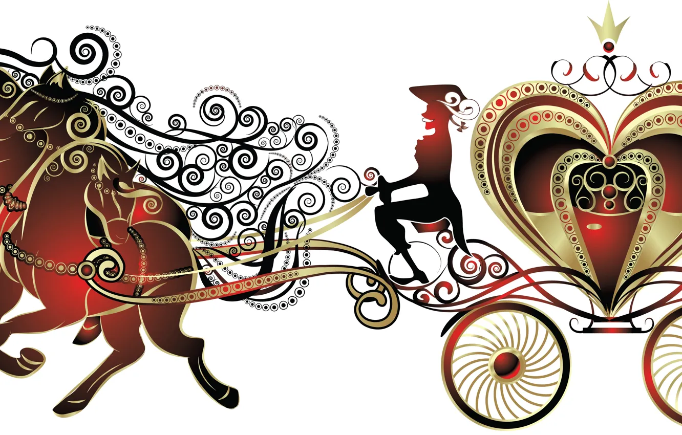 Photo wallpaper horse, white background, the reins, coach. crown. heart, Kucher