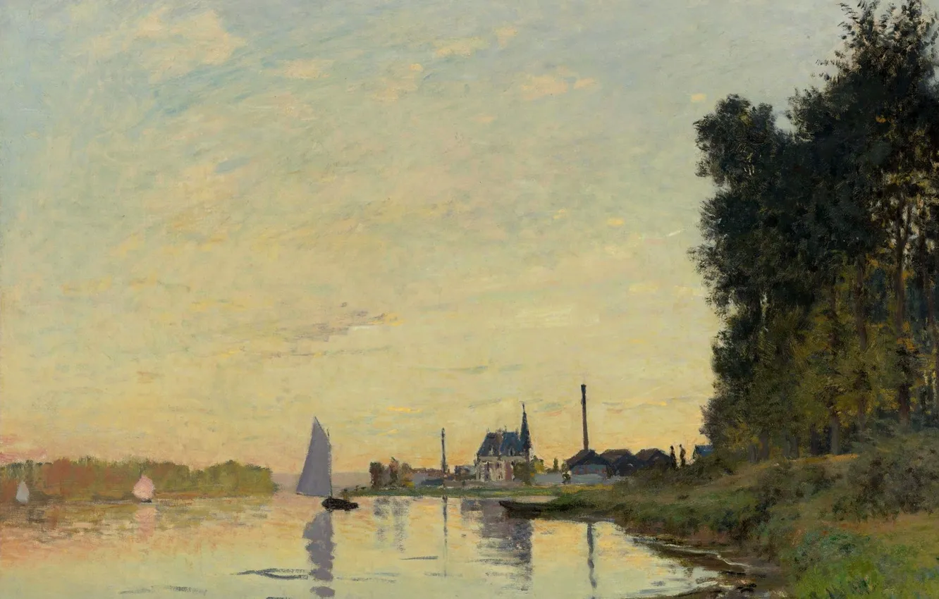 Photo wallpaper landscape, river, boat, picture, sail, Claude Monet, Argenteuil. Late In The Evening