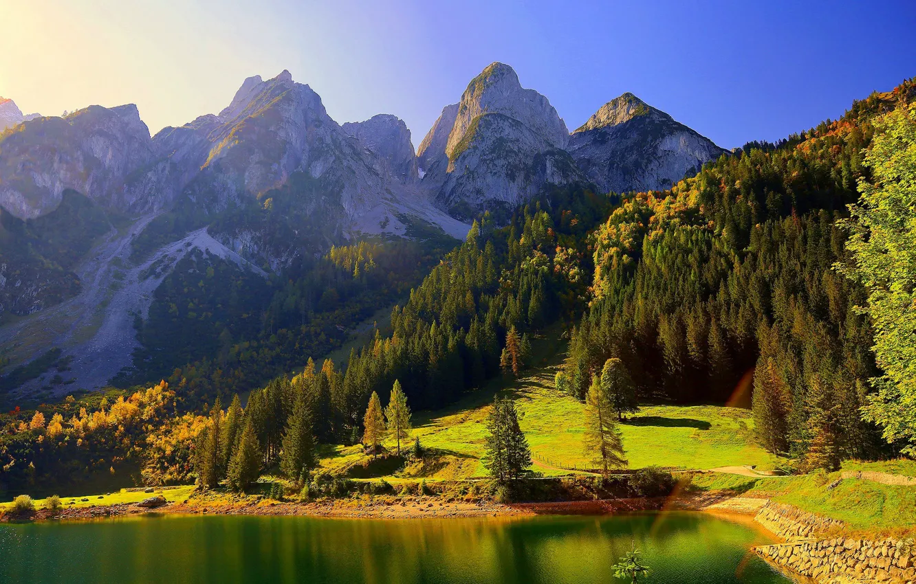 Photo wallpaper autumn, forest, trees, mountains, lake, Austria, Alps, Austria