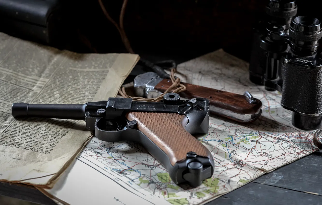 Photo wallpaper gun, map, newspaper, binoculars, Parabellum, P08, Luger, Luger