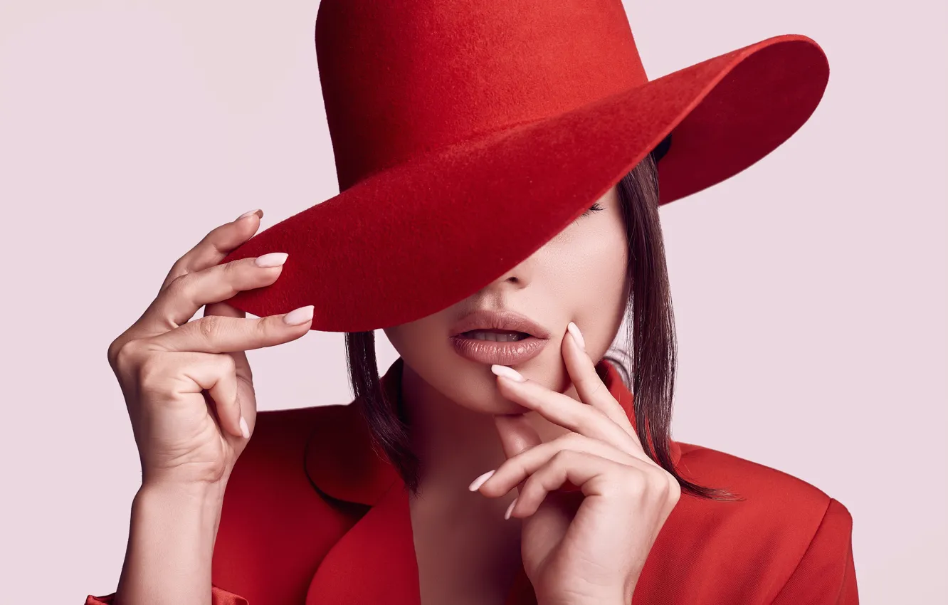 Photo wallpaper girl, red, hands, Hat, Makeup, elegant, Alex Volot