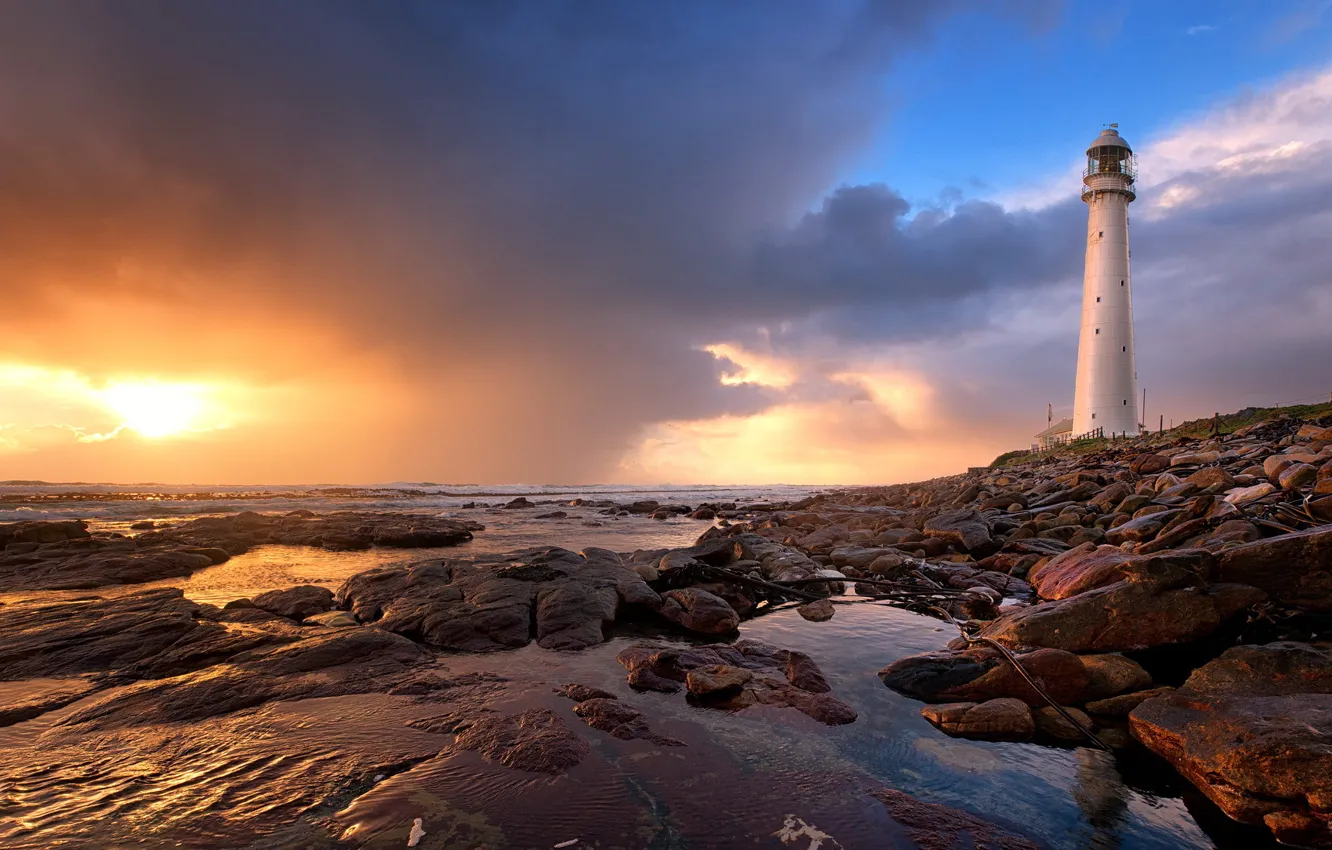 Photo wallpaper sea, beach, sunset, lighthouse