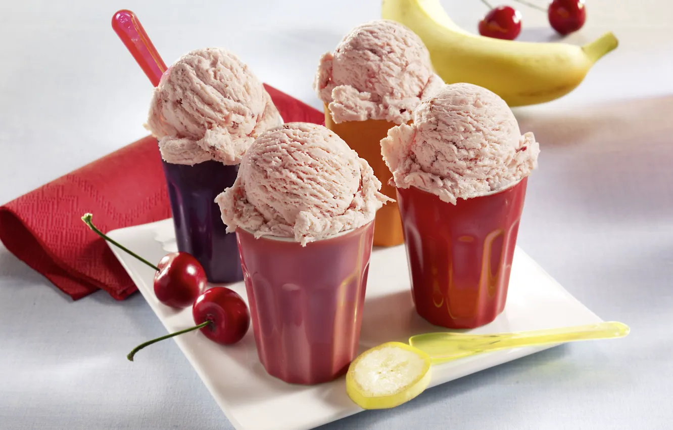Photo wallpaper glass, ice cream, bananas, cherry