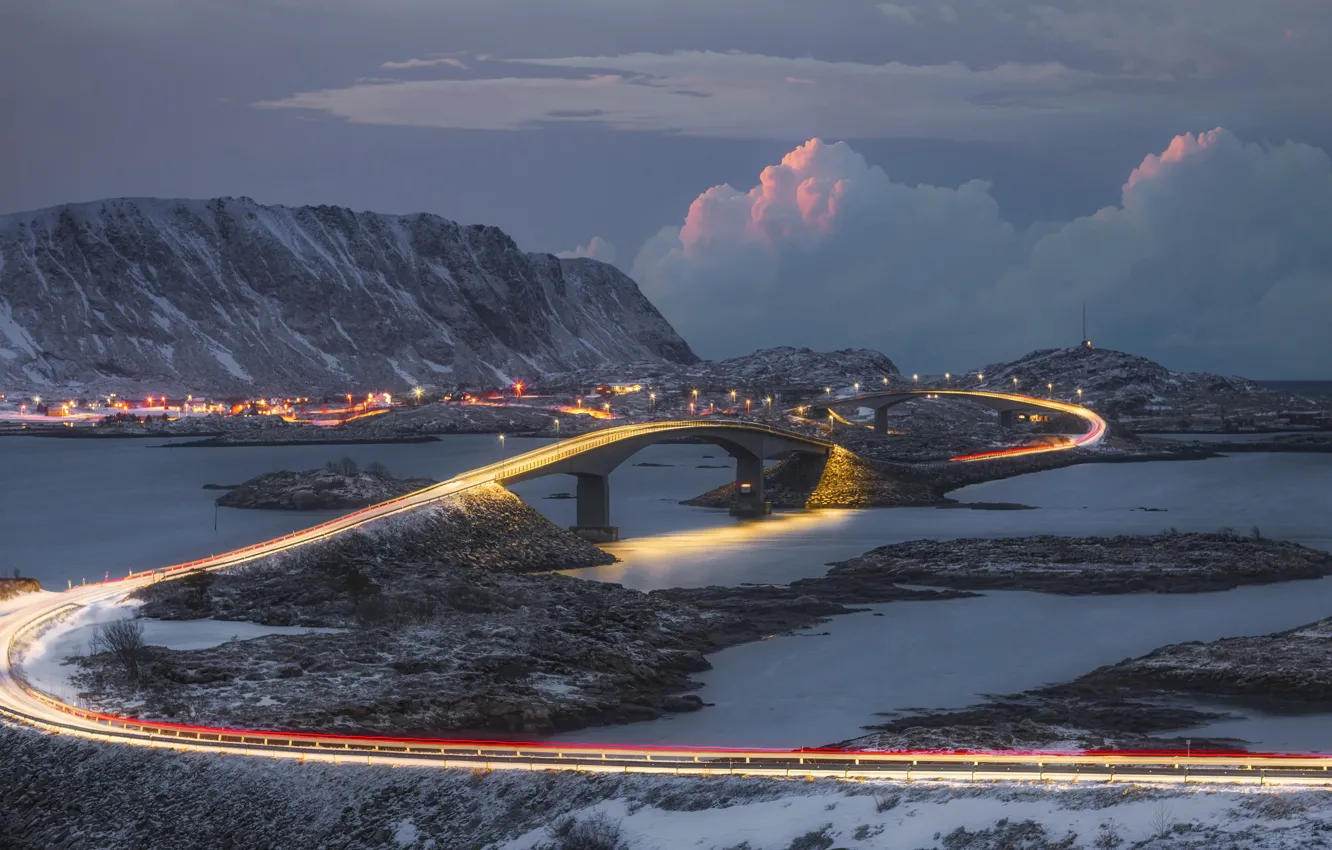 Photo wallpaper winter, road, sea, snow, mountains, the city, lights, landscapes