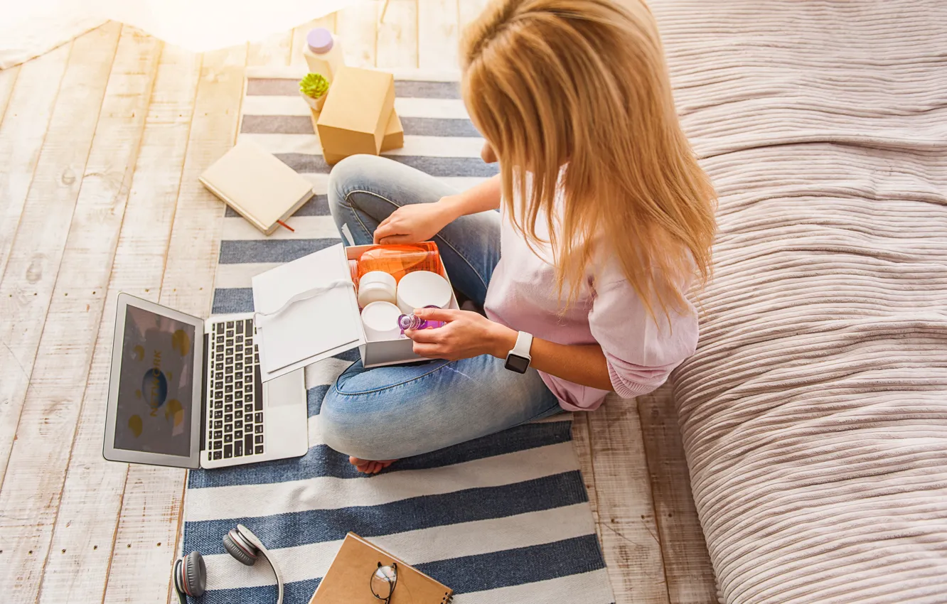 Photo wallpaper girl, fashion, notebook, boxes, perfumes