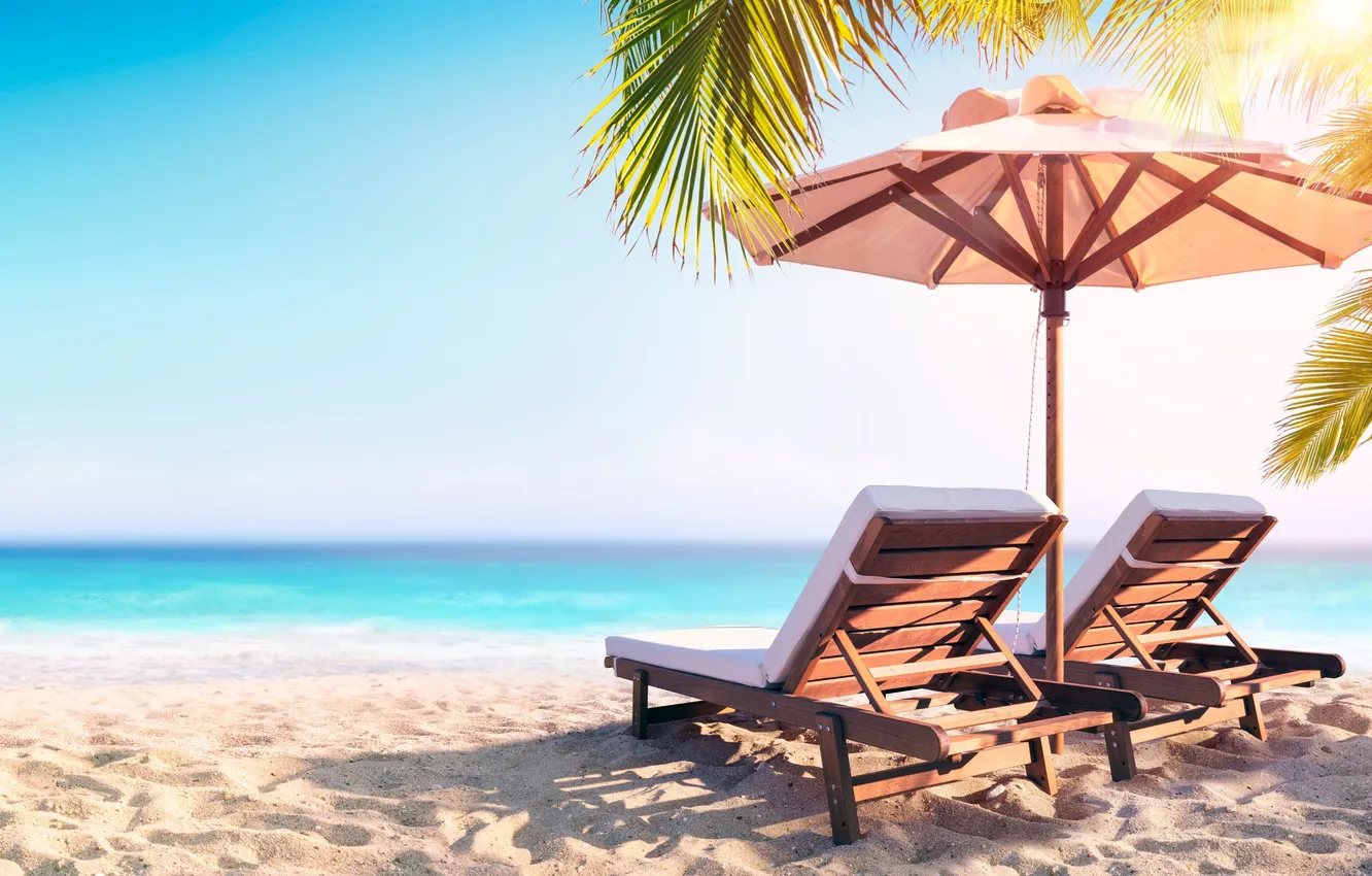 Photo wallpaper sand, sea, beach, summer, the sky, palm trees, summer, beach