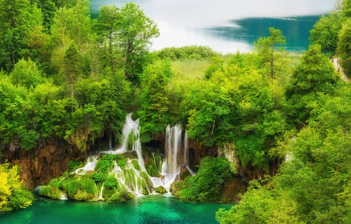 Photo wallpaper landscape, nature, waterfall, pond, Croatia, Croatia, National Park, Plitvice lakes