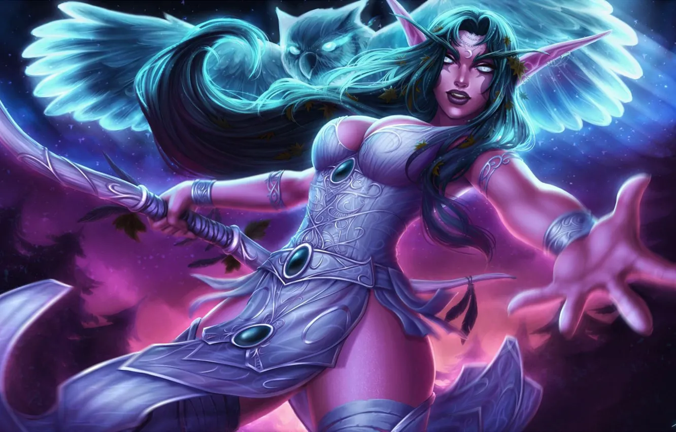 Photo wallpaper night, owl, elf, figure, art, World of Warcraft, elf, Blizzard