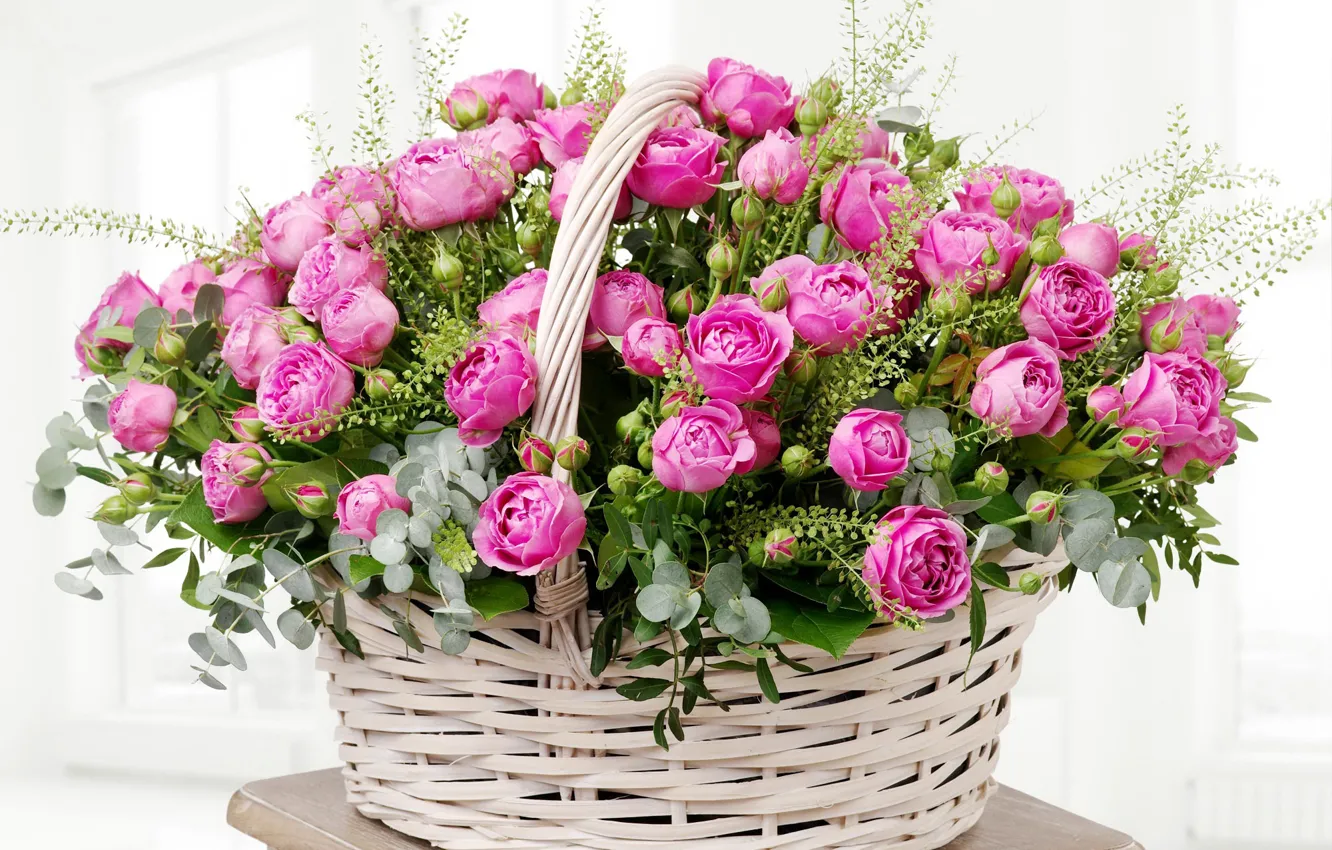 Photo wallpaper leaves, basket, roses, colorful, gentle, pink, buds, beautiful