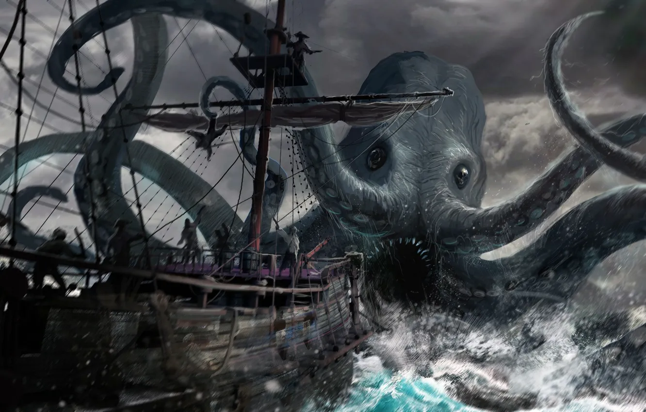 Photo wallpaper ship, octopus, pirate, octopus