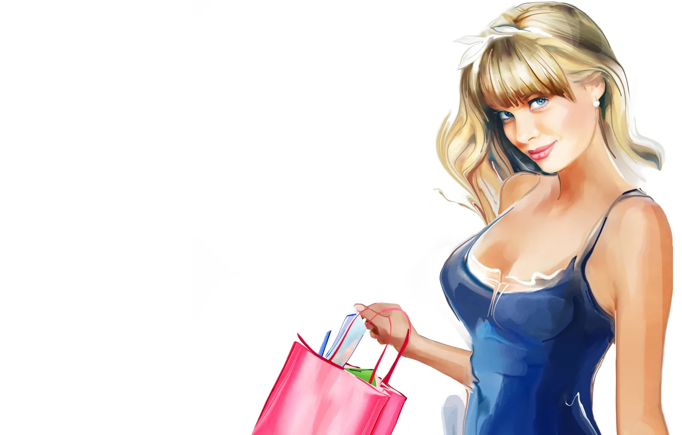 Photo wallpaper girl, hair, blonde, bag, blue eyes, purchase, Tatiana Nikitina