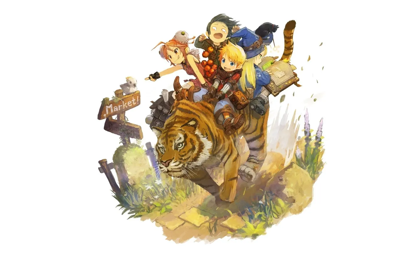 Photo wallpaper grass, children, tiger, apples, tale, hat, index, white background