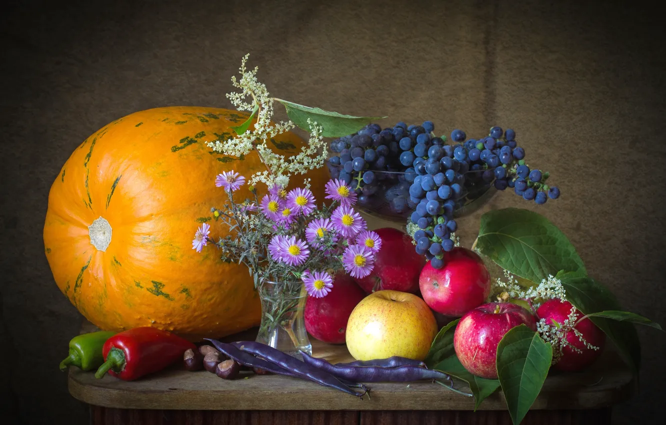 Photo wallpaper autumn, apples, grapes, pumpkin, pepper, still life, chestnut, asters