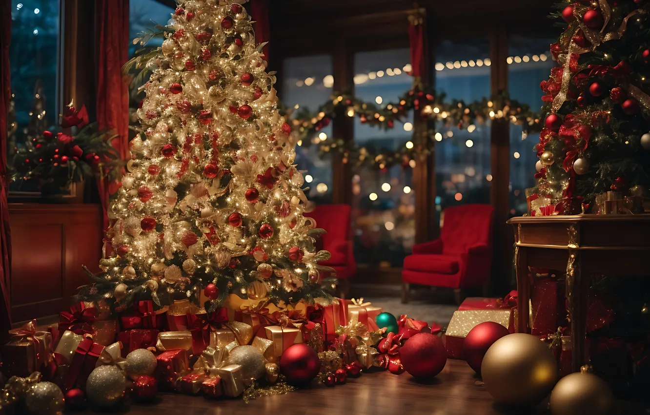 Photo wallpaper decoration, room, balls, tree, interior, Christmas, gifts, New year