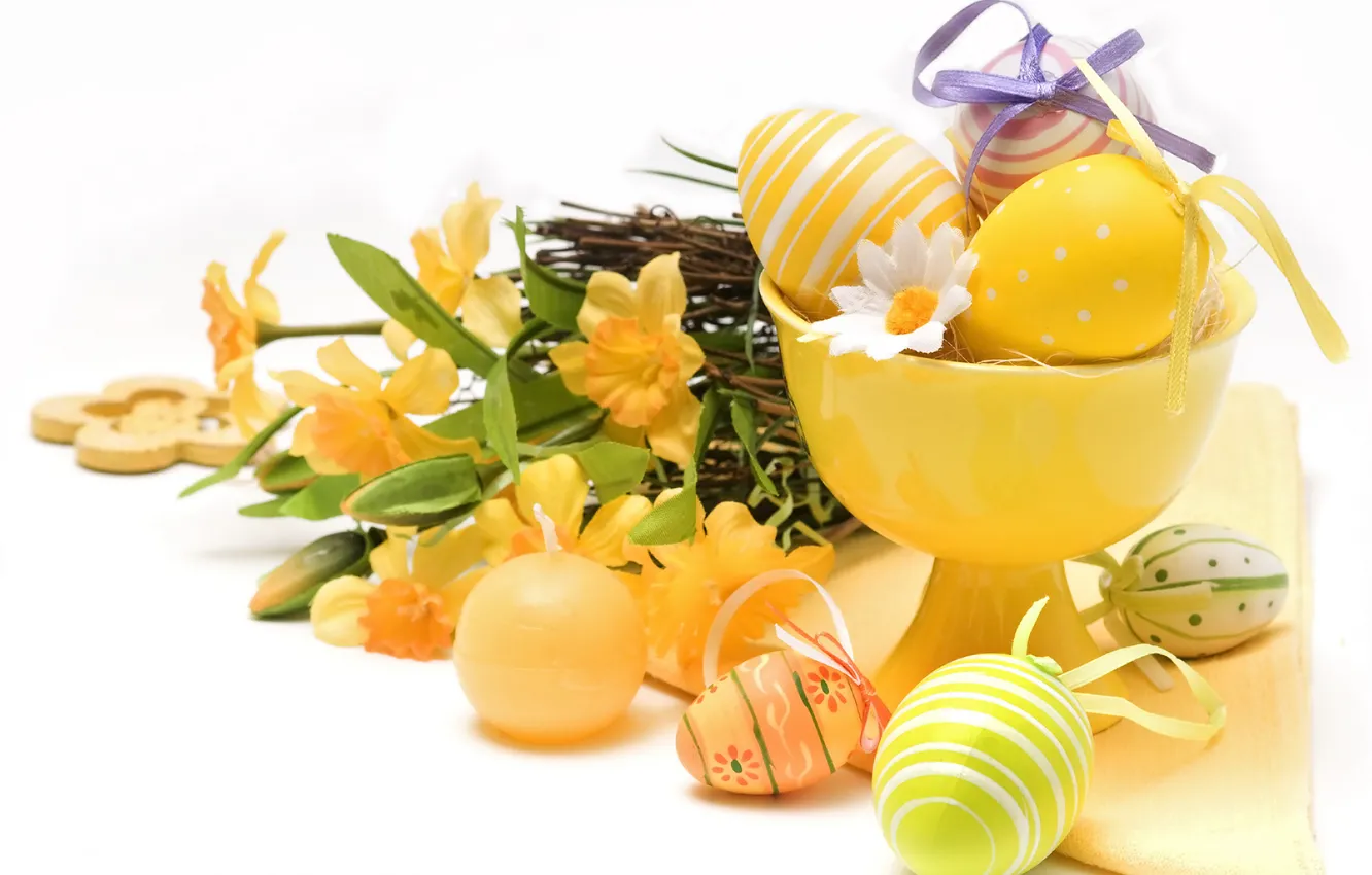 Photo wallpaper flowers, holiday, eggs, Easter, vase, napkin, daffodils