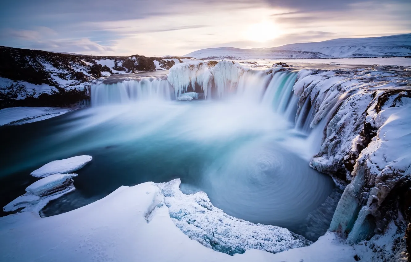 Photo wallpaper ice, winter, the sun, clouds, light, snow, mountains, rocks