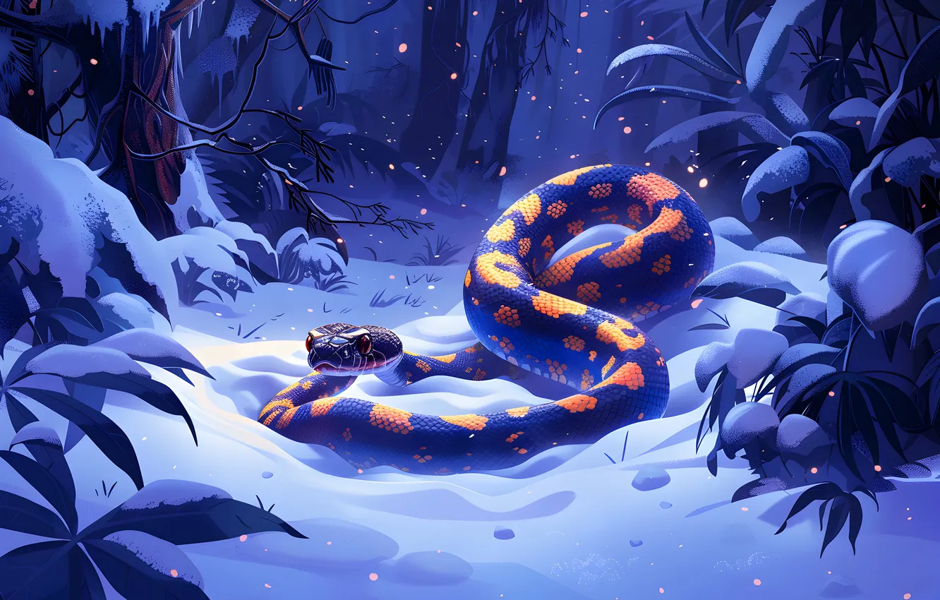 Photo wallpaper winter, snow, trees, animal, snake, art, reptile, digital art