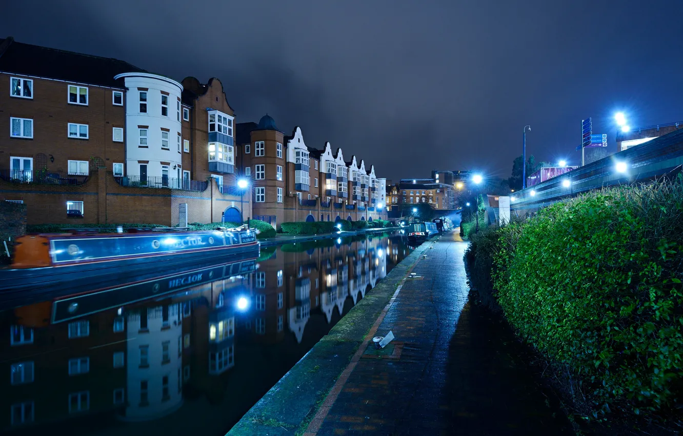 Photo wallpaper water, night, lights, reflection, river, England, home, lights