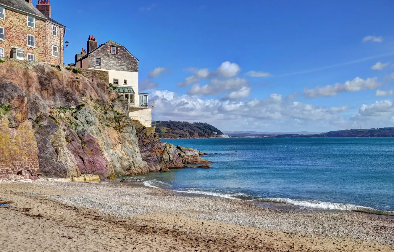 Photo wallpaper sand, sea, beach, the sky, the sun, clouds, rocks, coast