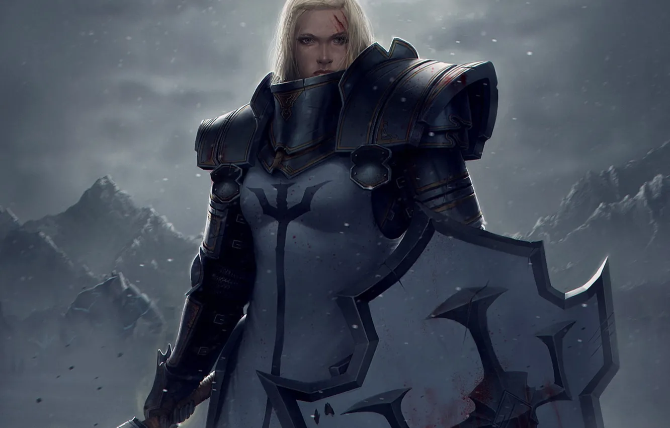 Photo wallpaper girl, snow, mountains, weapons, blood, armor, art, shield