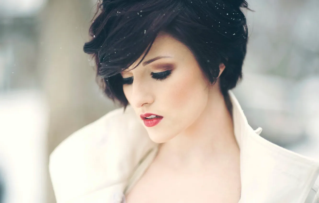 Photo wallpaper look, snow, makeup, brunette, hairstyle, coat