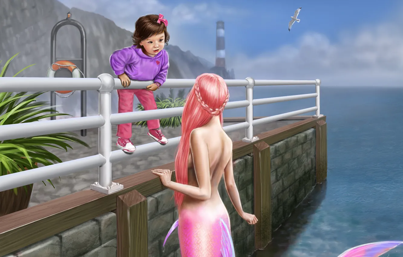 Photo wallpaper flowers, mermaid, pier, girl, railings