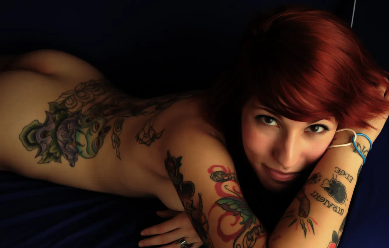 Photo wallpaper look, girl, body, tattoo, red, tattoo