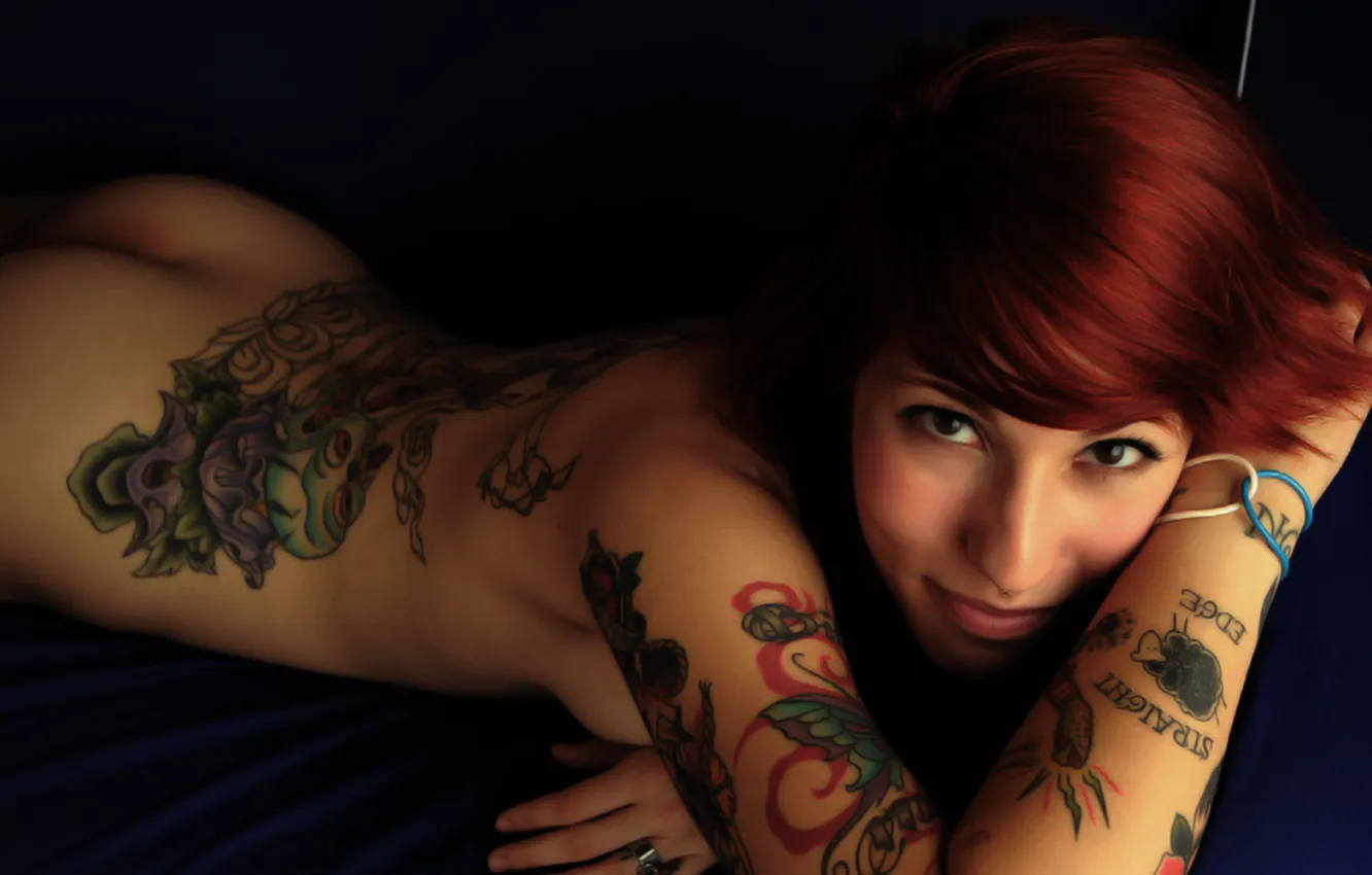 Photo wallpaper look, girl, body, tattoo, tattoo, red