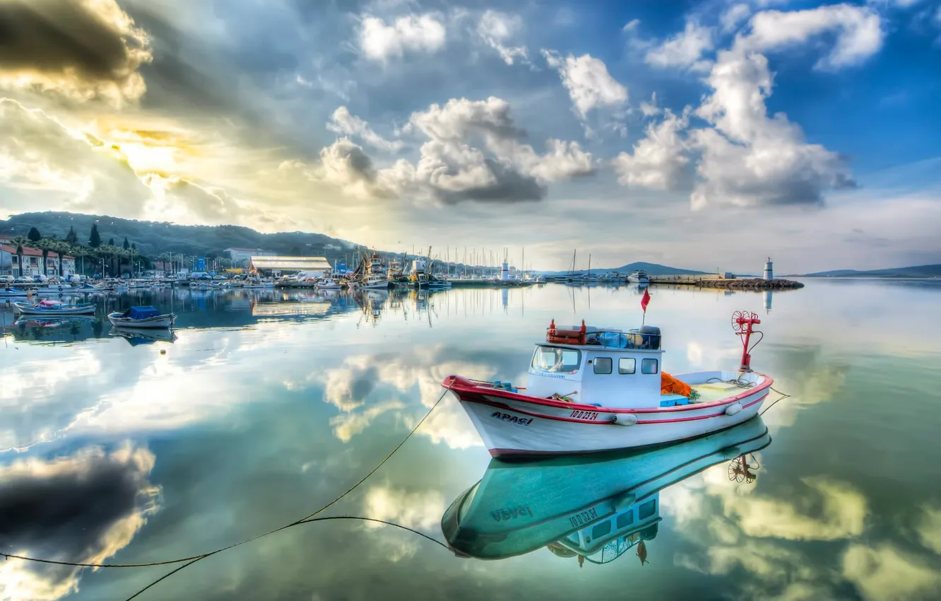 Photo wallpaper sea, the sky, clouds, reflection, coast, boat, Turkey