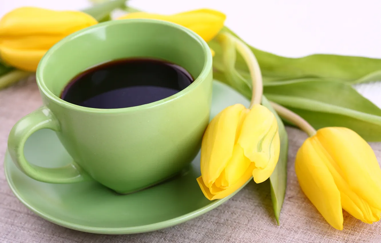 Photo wallpaper flowers, coffee, Cup, tulips, yellow, flowers, cup, tulips