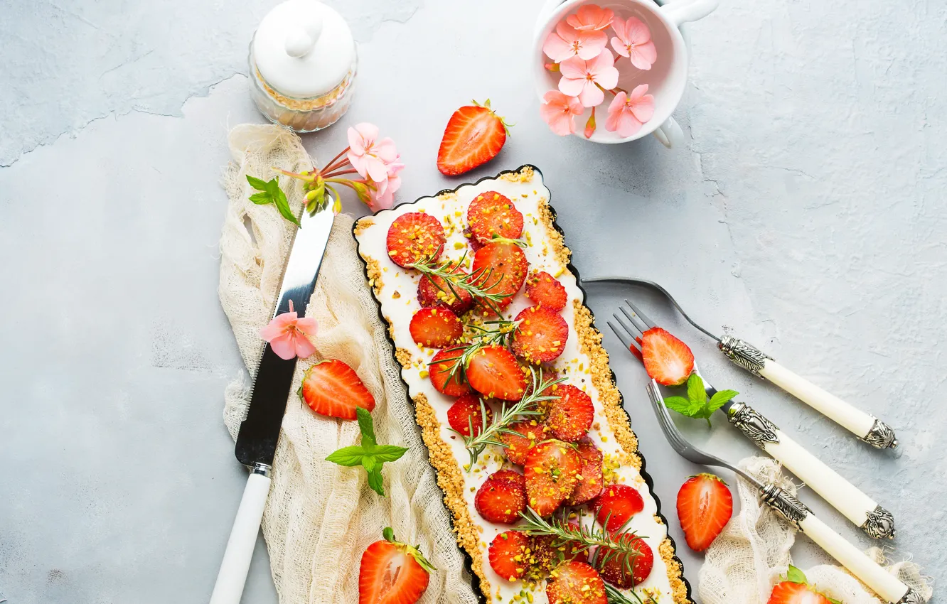 Photo wallpaper berries, cheese, strawberry, pie, dessert