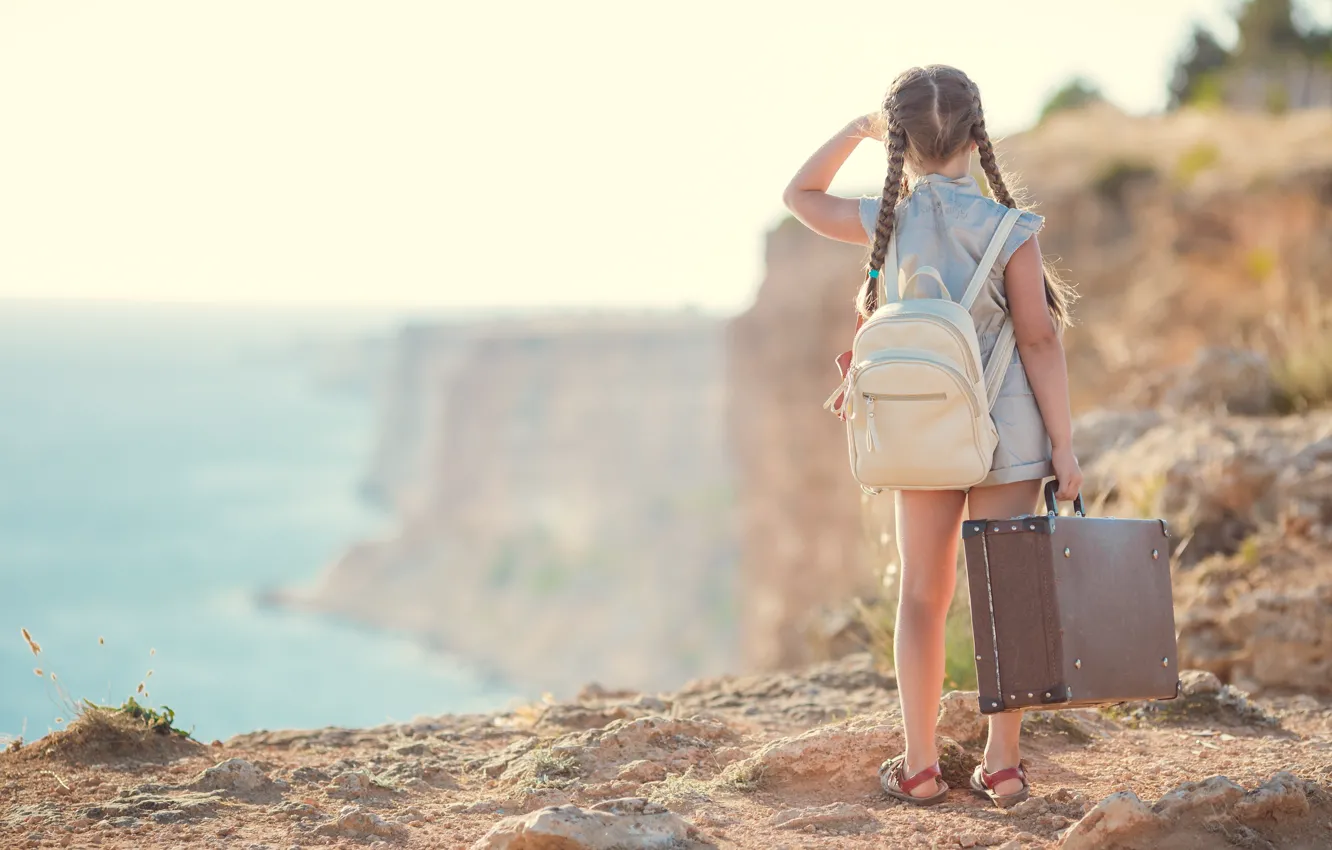 Photo wallpaper girl, back, mountains
