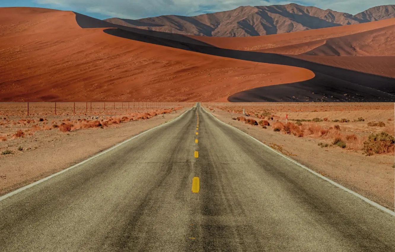 Photo wallpaper road, sand, the sky, freedom, clouds, landscape, mountains, nature