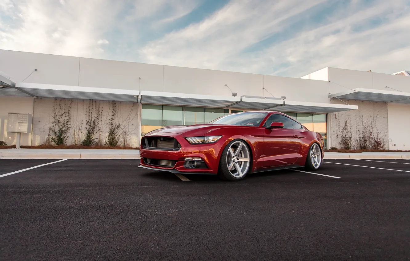 Photo wallpaper Mustang, Ford, Red, Parking, 2015