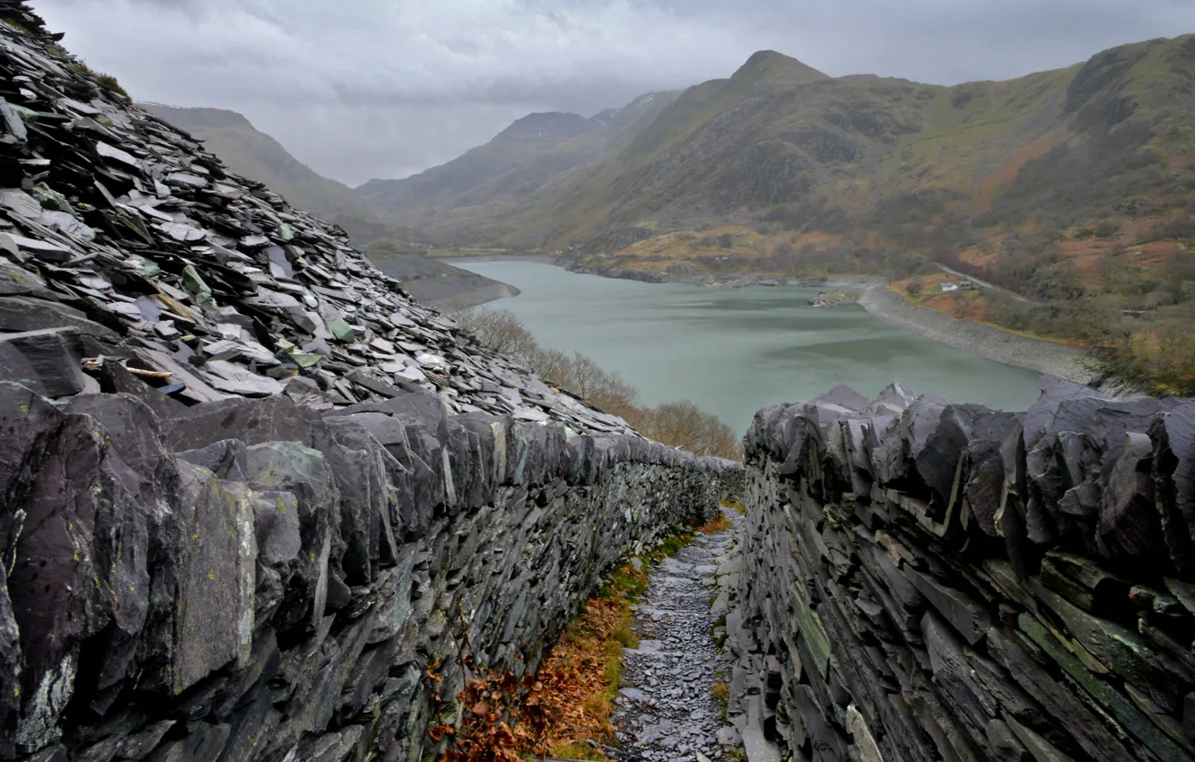 Photo wallpaper mountains, lake, stones, rocks, Wales, The Gwynedd region