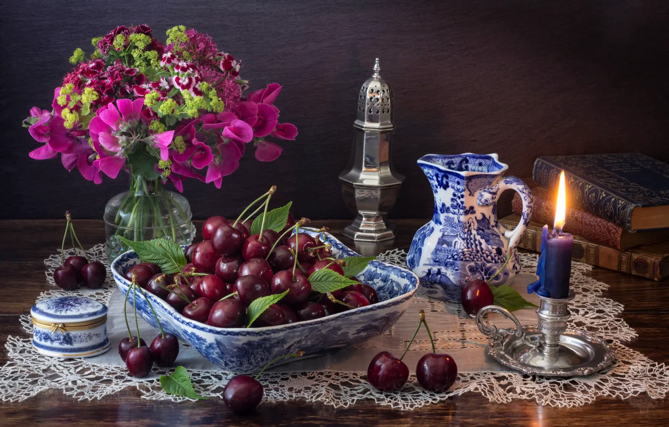 Photo wallpaper flowers, cherry, style, berries, bouquet, candles, book, pitcher