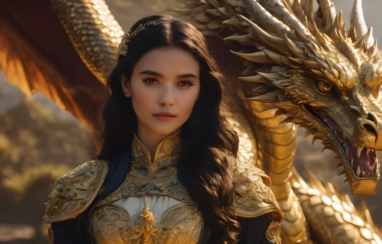 Photo wallpaper look, girl, face, pose, dragon, portrait, armor, brunette