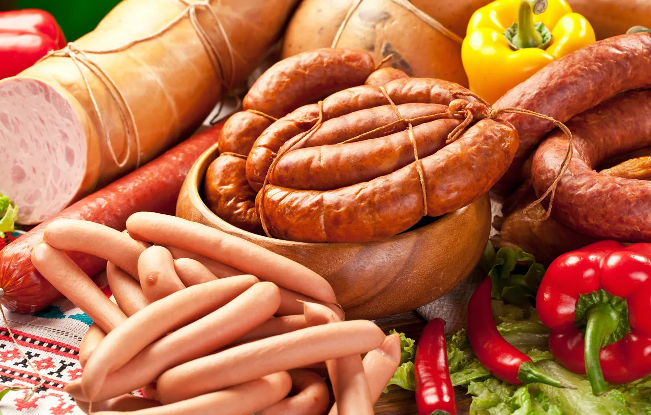 Photo wallpaper sausage, pepper, sausage, meat, pepper, sausage