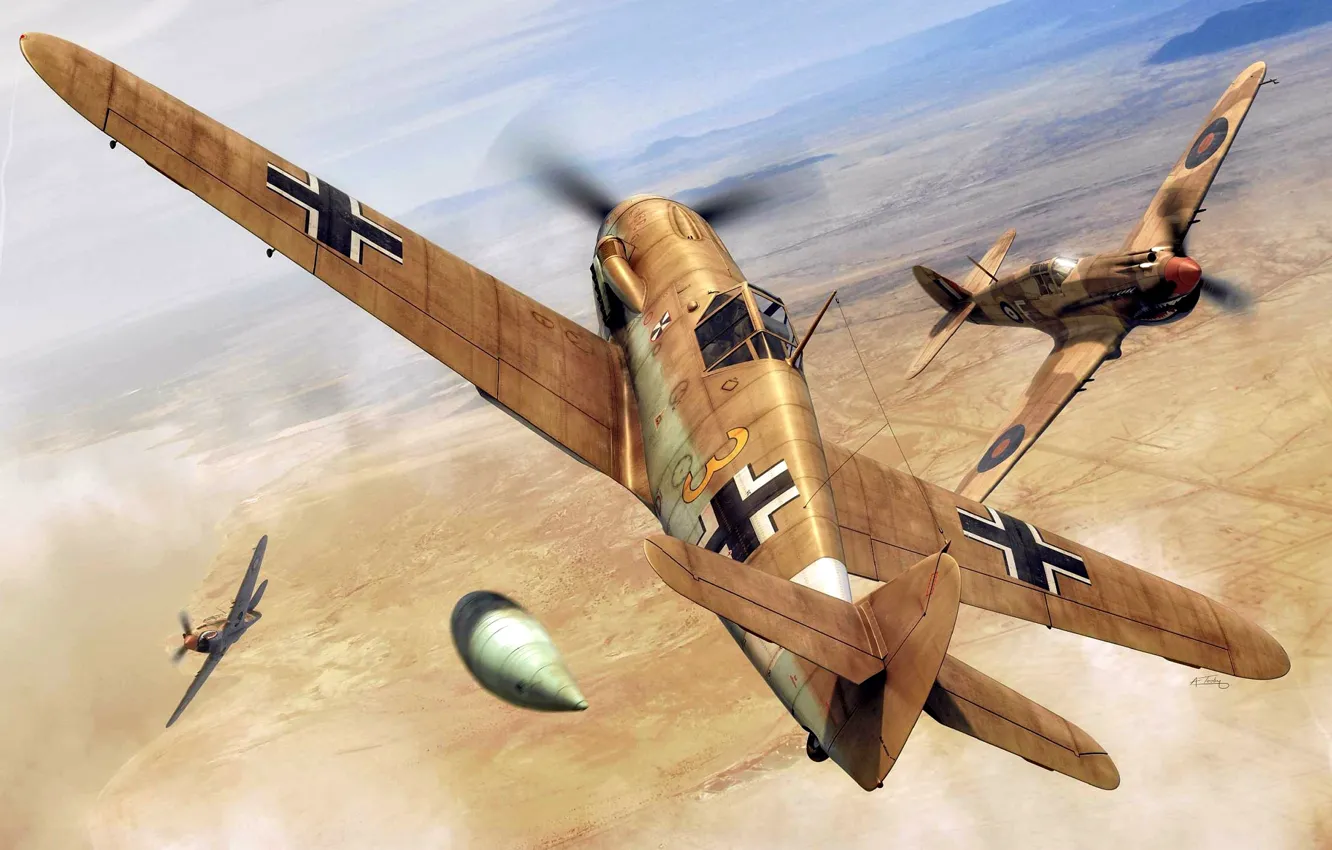 Photo wallpaper fighter, Messerschmitt, art, Curtiss, RAF, Air force, dogfight, WWII