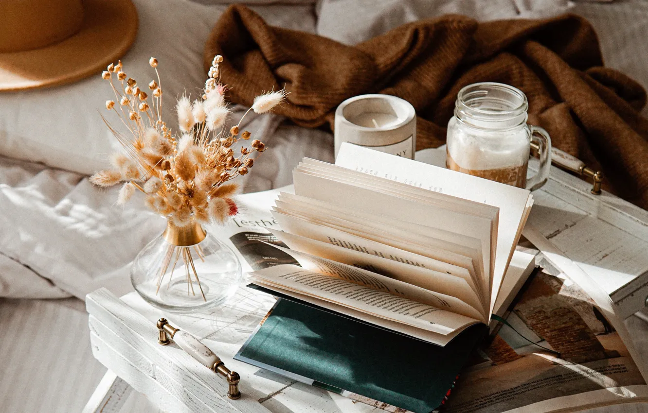 Photo wallpaper flowers, macro, cup, mood, comfort, book, bed, tray