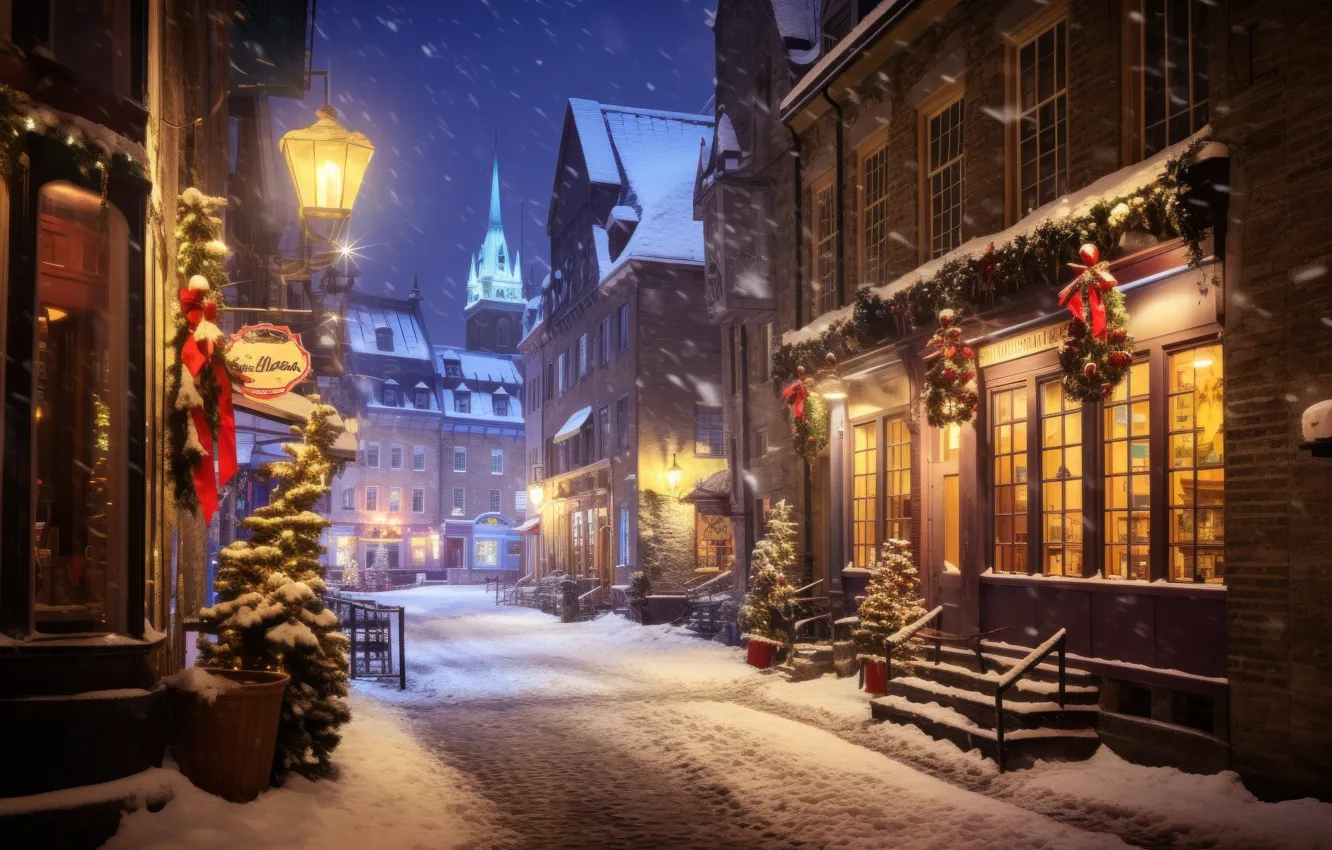 Photo wallpaper winter, snow, the city, building, home, Christmas, New year, AI art