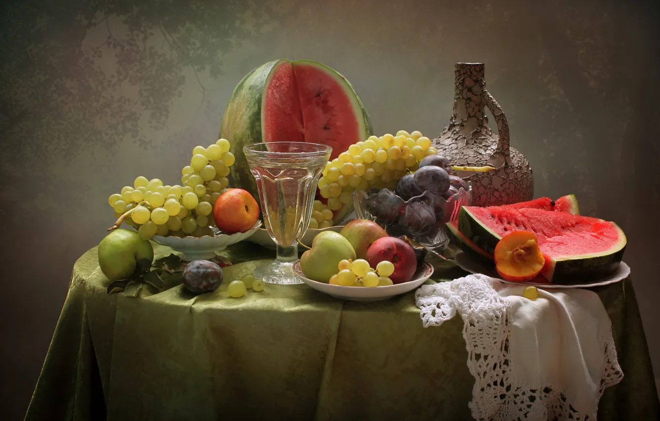 Photo wallpaper table, apples, glass, watermelon, grapes, plates, pitcher, fruit